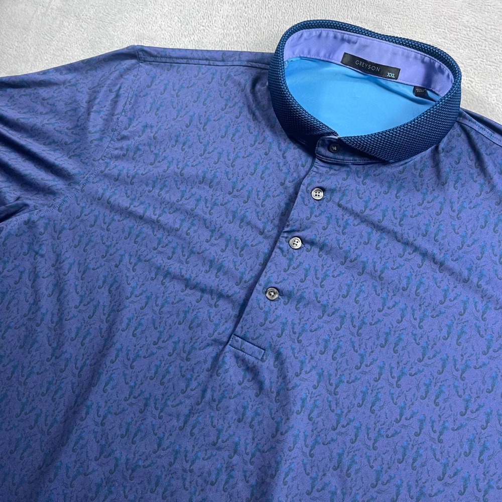 Greyson Mens XXL Blue Purple Seahorse Print Performance Golf Polo Shirt Short‎